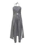 Spring And Summer Chic Halter Neck Sleeveless Houndstooth Printed Loose Top High Waist Pants Two Piece Set