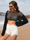 Spring And Summer Women's Bell Bottom Loose Sleeve Round Neck Hollow Knitting Shirt