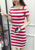 Women Slash Shoulder Striped Suspender Sexy Dress Women Slash Shoulder Striped Suspender Sexy Dress