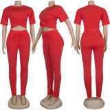 Solid Color Short-Sleeved Sports Casual Women's Two Piece Pants Set