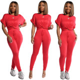 Solid Color Short-Sleeved Sports Casual Women's Two Piece Pants Set