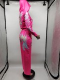 Women Printed Zipper Top and High Waist Straight Pants Two-piece Set