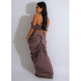 Fashion Women's Solid Color Sexy Off Shoulder Crop Top Pleated Skirt Two Piece Set