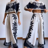 Spring Summer Casual Short Sleeve Lounge Wear Loose Holidays Women'S Two-Piece Pants Set