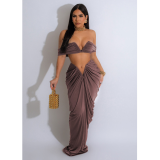 Fashion Women's Solid Color Sexy Off Shoulder Crop Top Pleated Skirt Two Piece Set