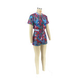 Summer Women'S Fashion Print Casual Short Sleeve Zipper Top Shorts Two Piece Set