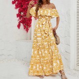 Women Off Shoulder Short Sleeve Printed Ruffle Maxi Dress