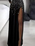 Women Gold Printed Long Sleeve High Neck Mesh Patchwork Slit Evening Dress