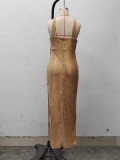 Women Gold Halter Neck Slit Sequin Sexy Party Evening Dress