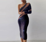 Women'S Slash Shoulder Long Sleeve Mesh Patchwork Tight Fitting Midi Bodycon Dress