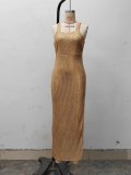 Women Gold Halter Neck Slit Sequin Sexy Party Evening Dress