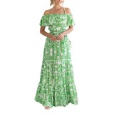 Women Off Shoulder Short Sleeve Printed Ruffle Maxi Dress