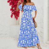 Women Off Shoulder Short Sleeve Printed Ruffle Maxi Dress