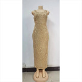 Women Gold Halter Neck Slit Sequin Sexy Party Evening Dress