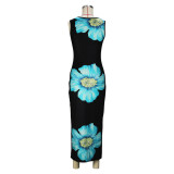 Women Casual Round Neck Sleeveless Printed Dress