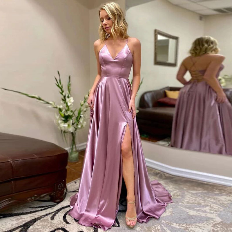 Women sexy suspender slit evening dress