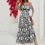 Women Off Shoulder Short Sleeve Printed Ruffle Maxi Dress