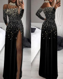 Women Gold Printed Long Sleeve High Neck Mesh Patchwork Slit Evening Dress