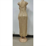Women Gold Halter Neck Slit Sequin Sexy Party Evening Dress