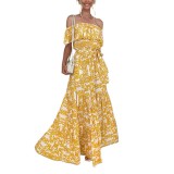 Women Off Shoulder Short Sleeve Printed Ruffle Maxi Dress
