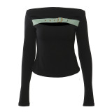 Patchwork Denim Off-Shoulder Knitting Slim T-Shirt Top