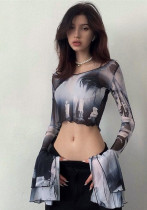 Sexy Short Printed Crop Sunscreen Long-Sleeved Top Short Slim-Fitting T-Shirt Sexy Short Printed Crop Sunscreen Long-Sleeved Top Short Slim-Fitting T-Shirt