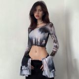 Sexy Short Printed Crop Sunscreen Long-Sleeved Top Short Slim-Fitting T-Shirt