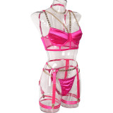 Chain Metal Strajps Four Piece Sexy Lingerie