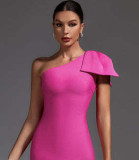 Women's Summer Chic Black And White Slash Shoulder Bow Slit Dress