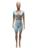 Women's Solid Color Lace-Up Tight Fitting Ribbed Sexy Two Piece Shorts Set