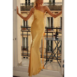 Spring Summer Slash Shoulder Slim Party Dress Casual Fashion Satin Dress