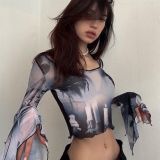 Sexy Short Printed Crop Sunscreen Long-Sleeved Top Short Slim-Fitting T-Shirt