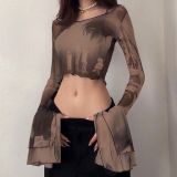 Sexy Short Printed Crop Sunscreen Long-Sleeved Top Short Slim-Fitting T-Shirt