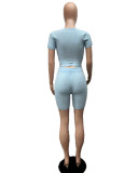 Women's Solid Color Lace-Up Tight Fitting Ribbed Sexy Two Piece Shorts Set