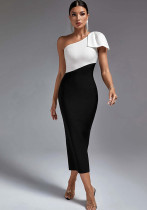 Women's Summer Chic Black And White Slash Shoulder Bow Slit Dress Women's Summer Chic Black And White Slash Shoulder Bow Slit Dress