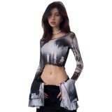 Sexy Short Printed Crop Sunscreen Long-Sleeved Top Short Slim-Fitting T-Shirt