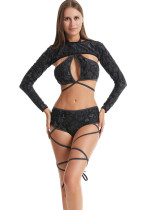 Women Printed Reflective Bikini Removable Crossover Lace-Up Sexy Three-Piece Swimsuit