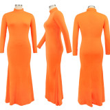Women High Neck Long Sleeve Round Neck Maxi Dress