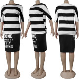 Women Sexy Striped Print Off Shoulder Short Sleeve Slit Dress