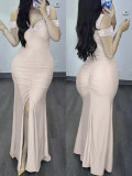 Women Elegant Beaded Off-Shoulder High-Waist Slit Bodycon Dress