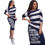 Women Sexy Striped Print Off Shoulder Short Sleeve Slit Dress