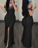 Women Elegant Beaded Off-Shoulder High-Waist Slit Bodycon Dress