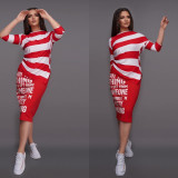 Women Sexy Striped Print Off Shoulder Short Sleeve Slit Dress