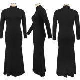 Women High Neck Long Sleeve Round Neck Maxi Dress