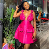 Women summer V-neck high waist Strap Dress