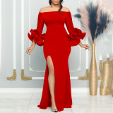 Women Off Shoulder Sexy Slit Ruffle Sleeve Formal Party Maxi Dress