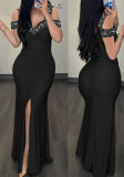 Women Elegant Beaded Off-Shoulder High-Waist Slit Bodycon Dress