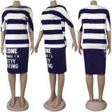 Women Sexy Striped Print Off Shoulder Short Sleeve Slit Dress