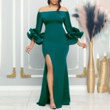 Women Off Shoulder Sexy Slit Ruffle Sleeve Formal Party Maxi Dress