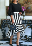 Plus Size Irregular Black And White Contrast Chic Career Dress